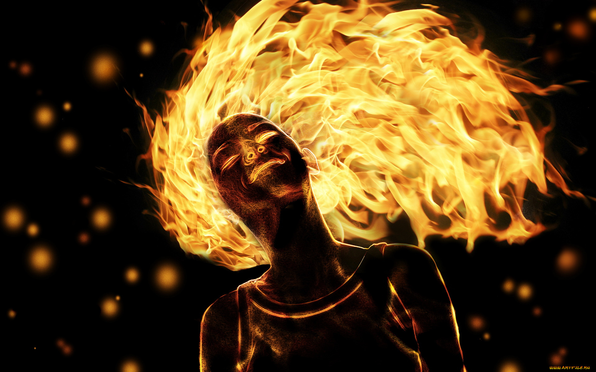 Горит лицо вечером у женщины. Лицо в огне. Лицо в пламени. Лицо из огня. Огненная голова.